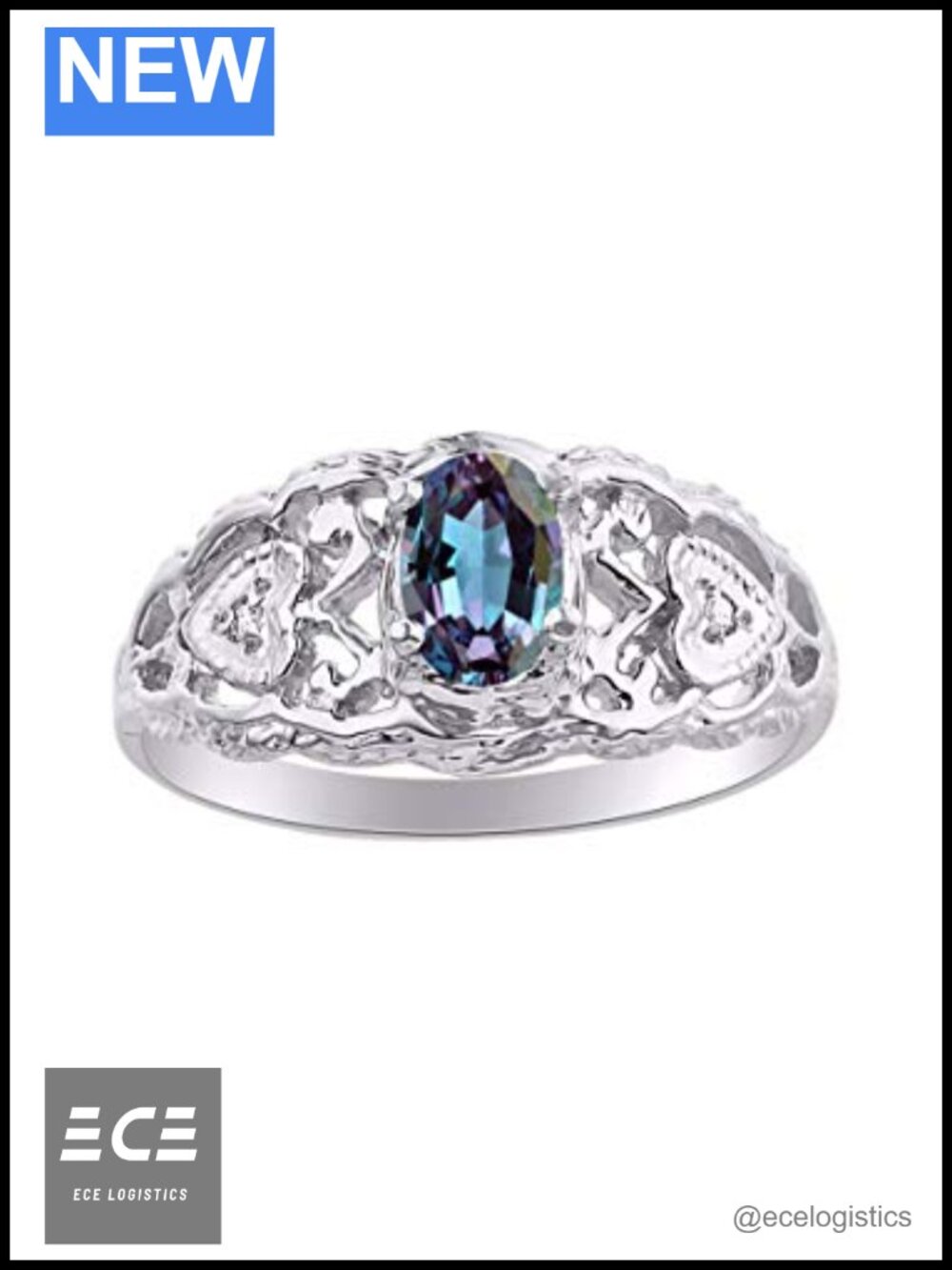 Sterling Silver Heart Ring with 6X4MM Gemstone & Diamonds, Filigree Birthstone
